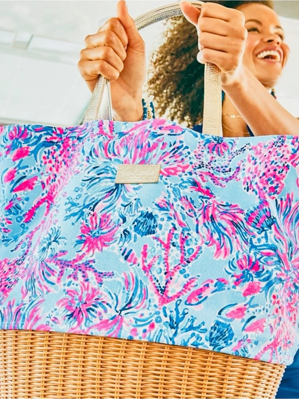 RARE BNWOT Lilly Pulitzer Blue-Pink Coral-Print Tote w Gold Handles& Wicker Tote